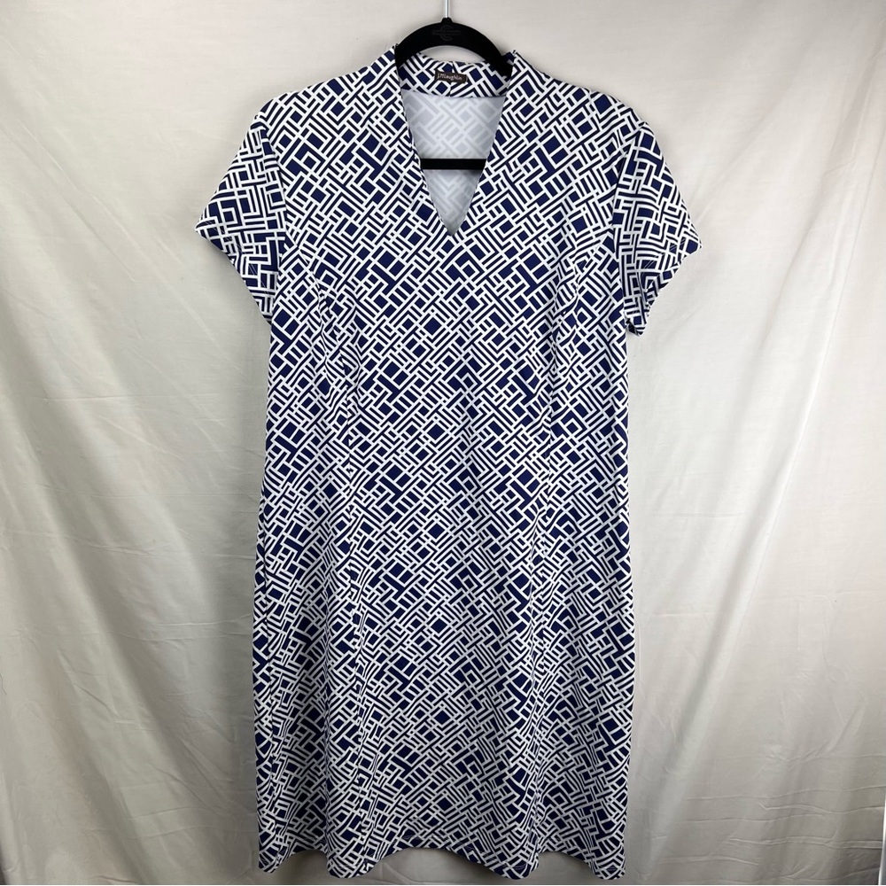 J.Mclaughin Women’s Navy Blue White Geometric Shift Dress Short Sleeves Size L